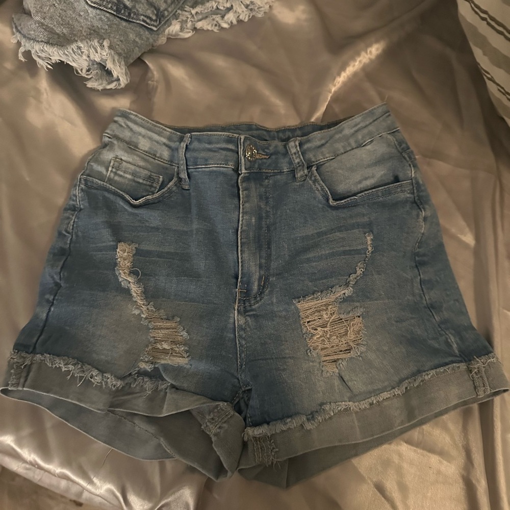 Blue Jean Shorts with Distressed Frayed Hem